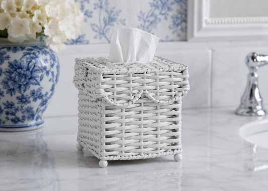 a white tissue box with a blue and white vase of flowers