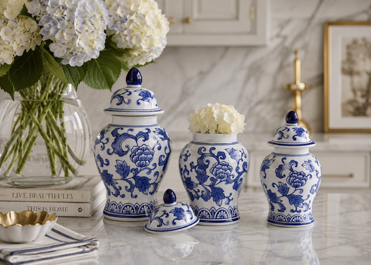 a group of blue and white vases with flowers