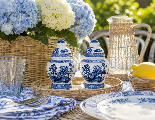 a table with blue and white china