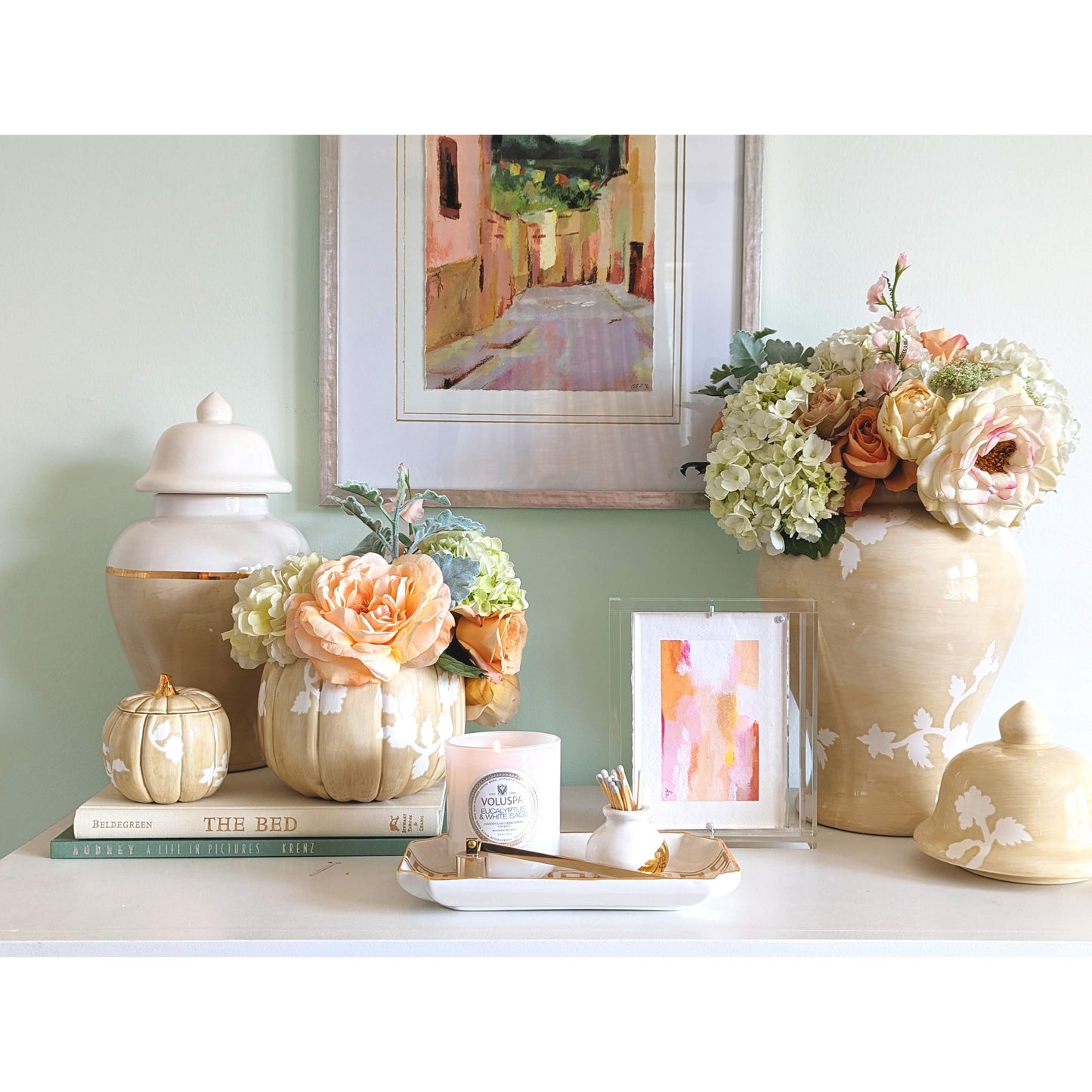 Chinoiserie Pumpkin Jars with 22K Gold Accents in Sand