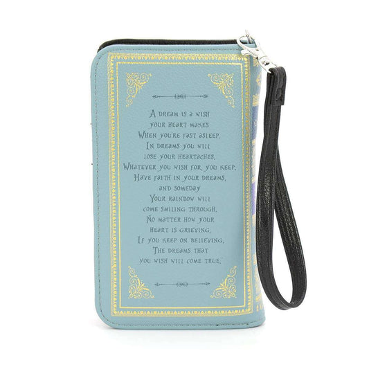 a blue wallet with a black strap