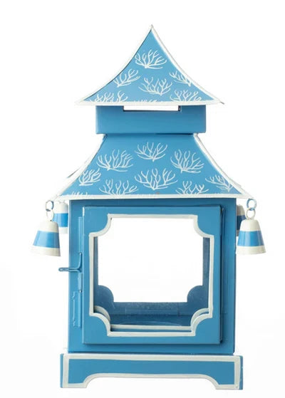 a blue and white lantern