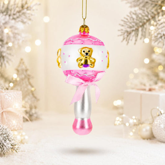 Delightful Baby Pink Rattle Glass Christmas Ornament