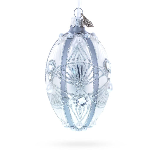 Diamonds on Silver Glass Egg Ornament 4 Inches