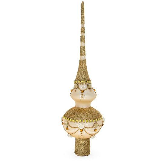 Dimensional Roses on Sparkling Beige Glass Christmas Tree Topper 11 Inches