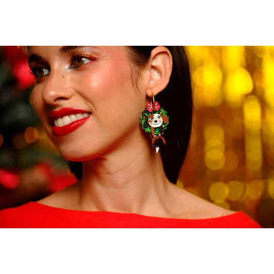 Dog in A Christmas Wreath Earrings by Laliblue – Retro Statement Jewelry Laliblue