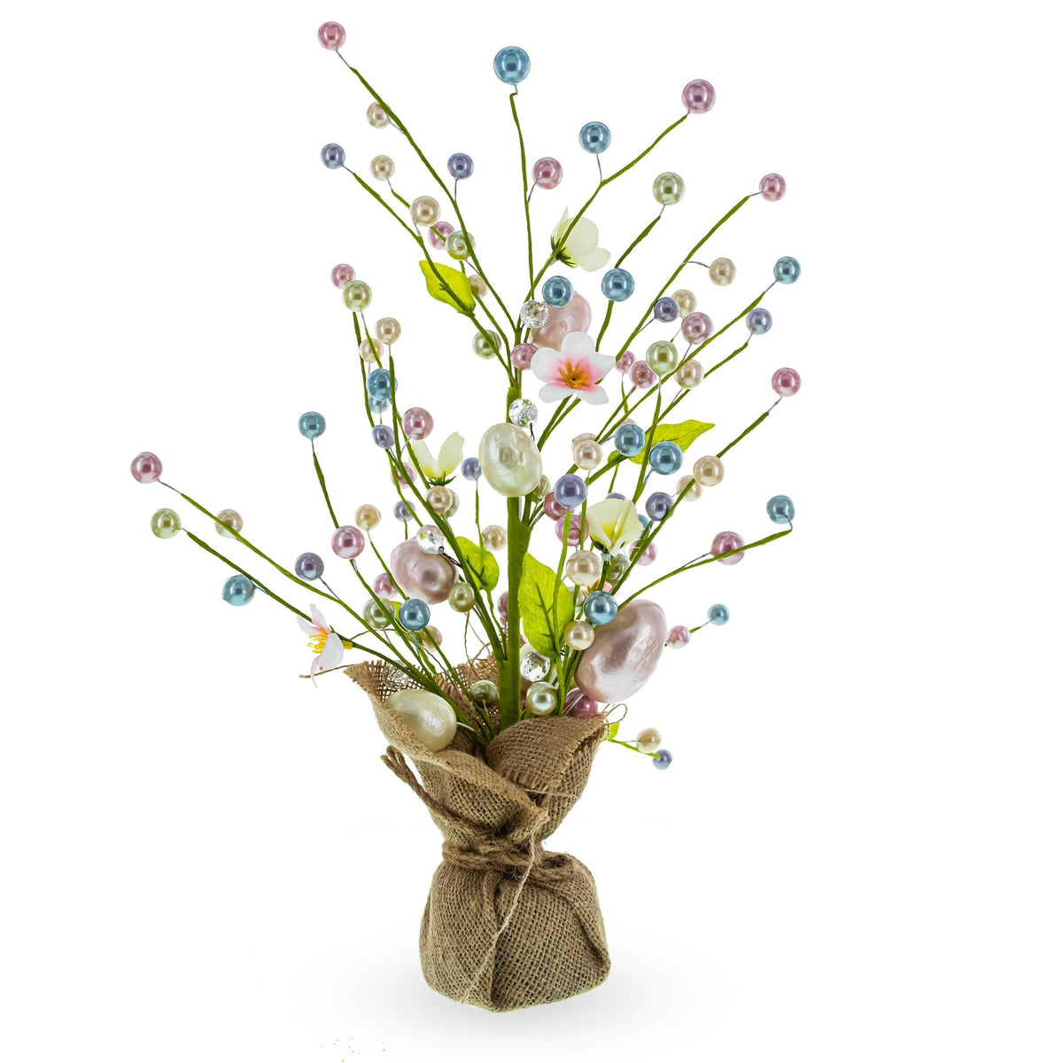 a small plant with flowers and pearls