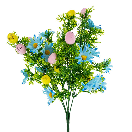 a green stem with blue flowers and yellow eggs