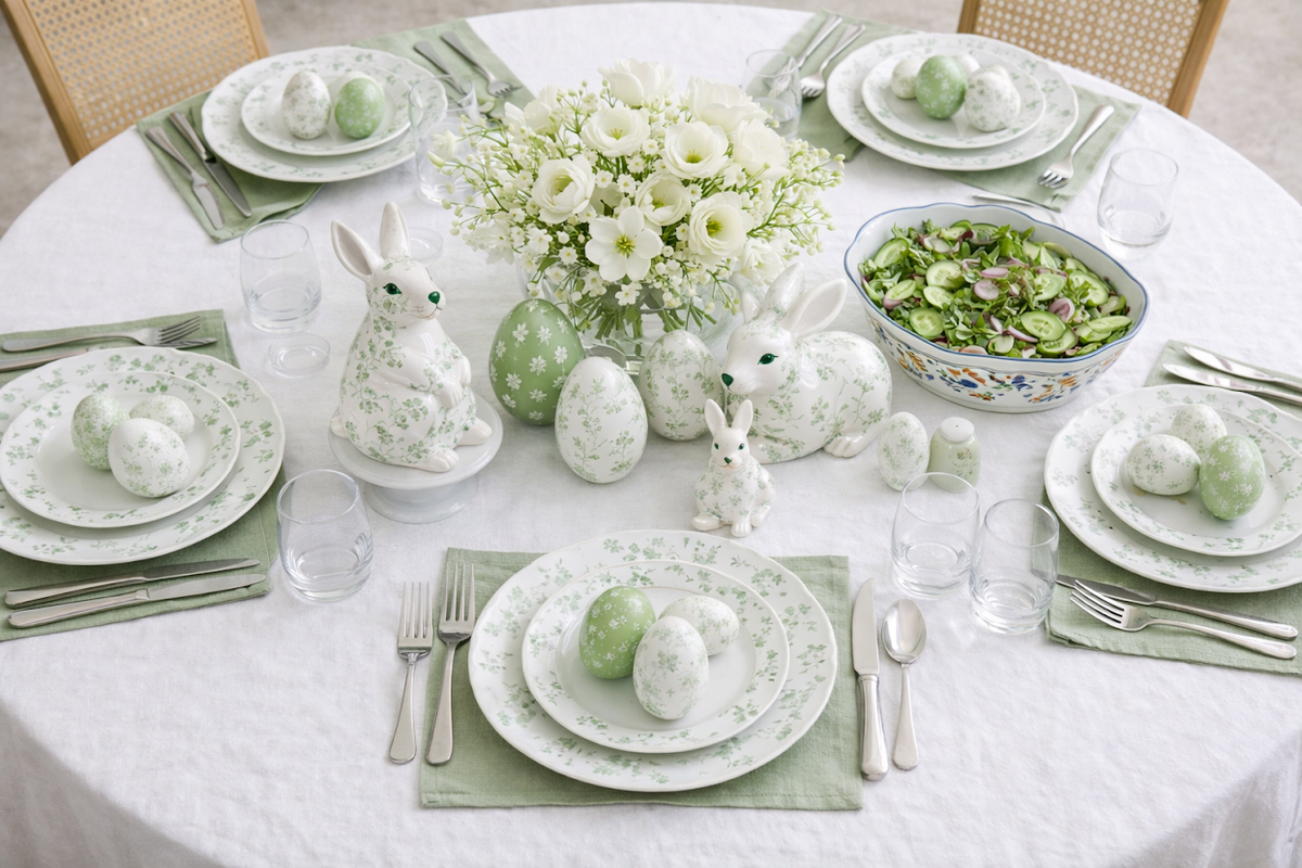 Small Green and White Floral Standing Bunny