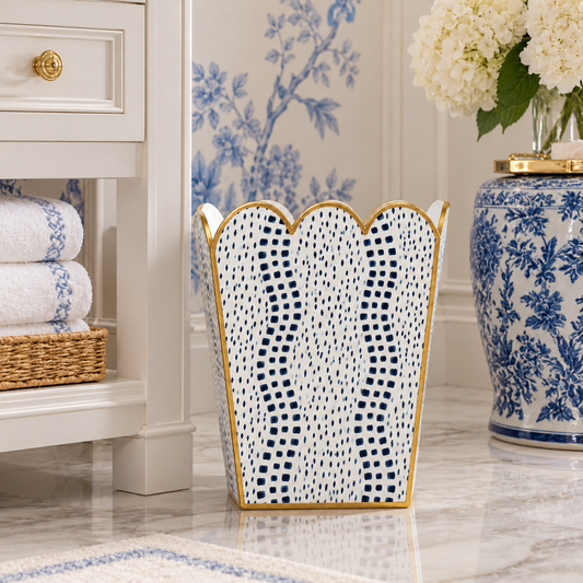 Navy Dot Square Scalloped Wastepaper Basket & Tissue Holder (2 Options)