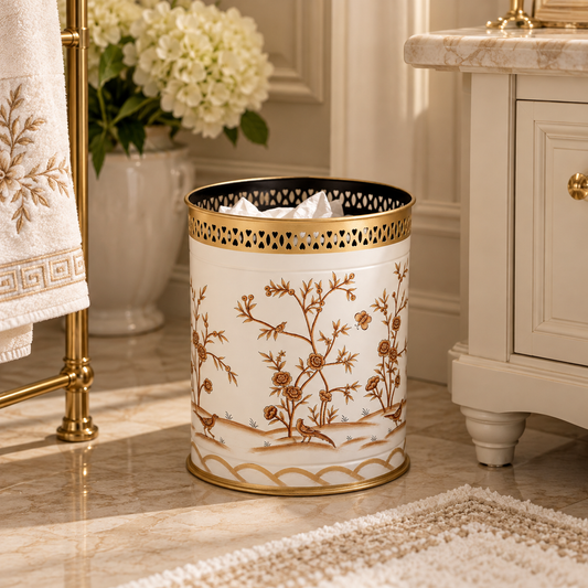 Ivory & Gold Oval Pierced Wastepaper Basket & Tissue (2 Options)