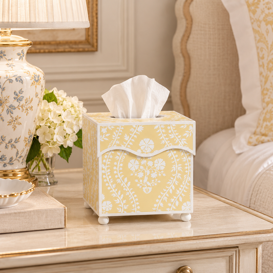 Butter Yellow Floral Trellis Wastepaper Basket & Tissue (2 Options)