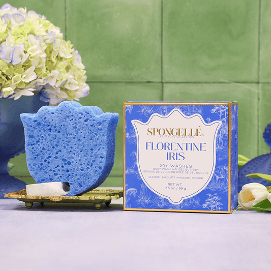 a blue sponge next to a box