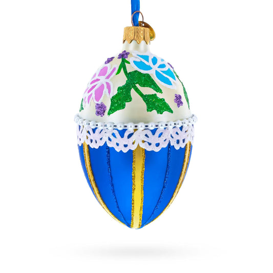 Flowers on Beige and Blue Glass Egg Christmas Ornament 4 Inches