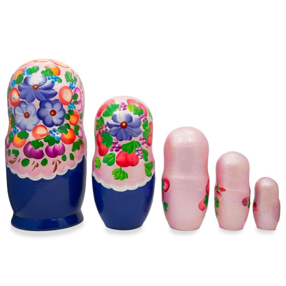 Flowers on Pink Dress Wooden Nesting Dolls 7.25 Inches