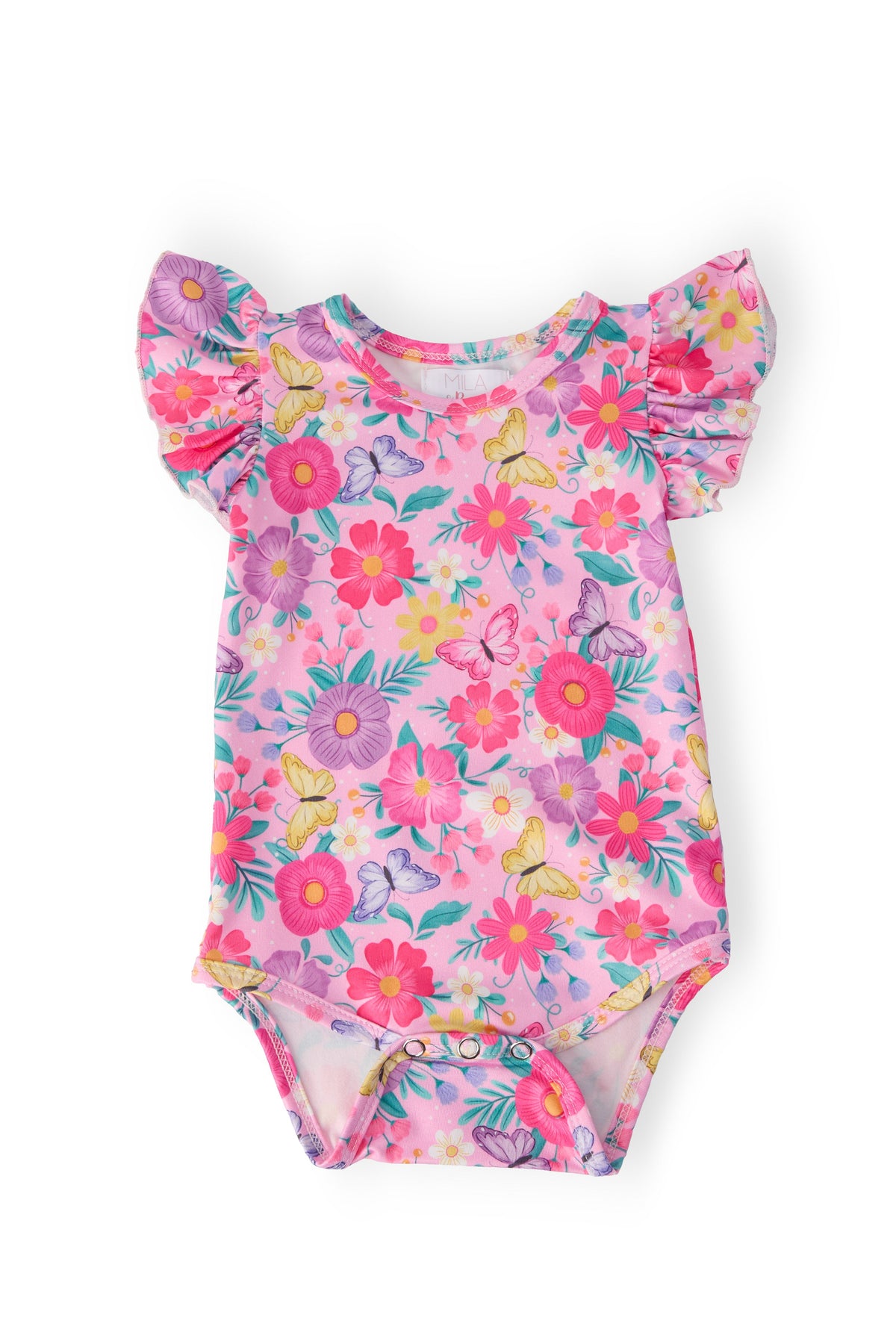 a pink floral baby bodysuit with butterflies and flowers