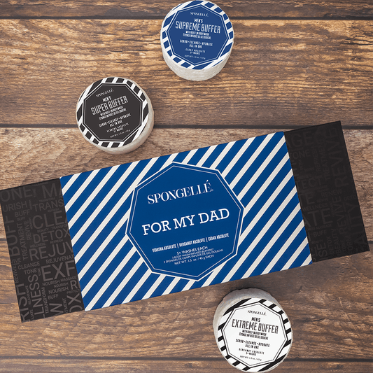 a blue and white striped box with black and white labels