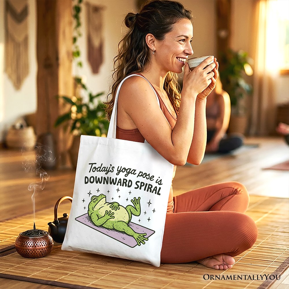 Yoga Frog Downward Spiral Tote Bag, Funny Mental Health Humor Gift Shopper