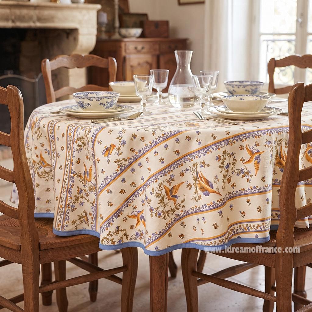 French Provencal tablecloth - Acrylic coated cotton, Spill-proof - 58" round - Moustiers blue | Tissus Toselli