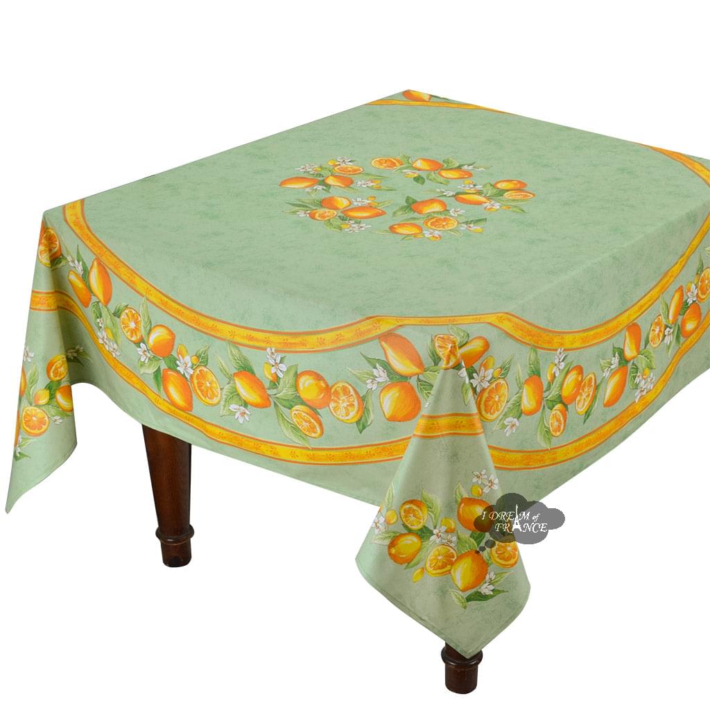 French Provencal tablecloth - Acrylic coated cotton, Spill-proof - 70" square - Lemons green | Tissus Toselli
