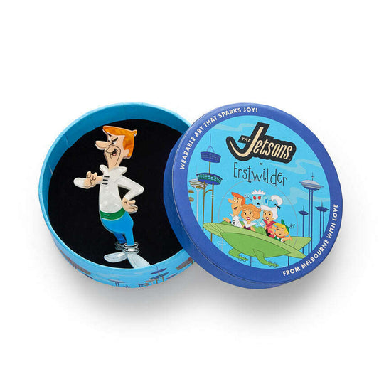 a round blue box with a cartoon character on it