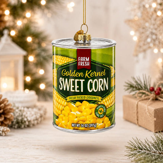 Golden Kernel Sweet Corn Can Glass Christmas Ornament
