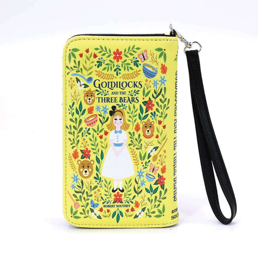 a yellow wallet with a picture of a woman