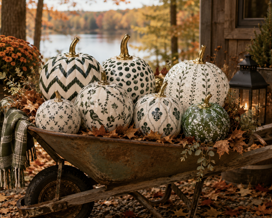 a wheelbarrow full of pumpkins