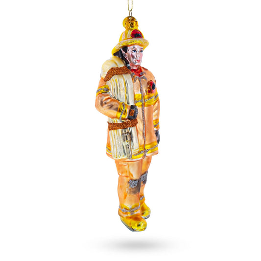 Heroic Fireman with Hose Glass Christmas Ornament