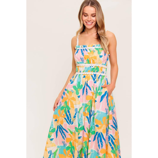 SUNLIT GARDEN PINK BLUE WOVEN MIDI DRESS