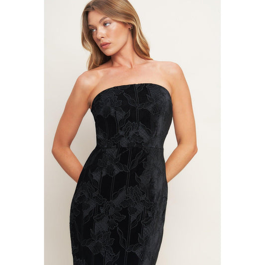 BLACK TEMPTATION WOVEN VELVET LACE MIDI DRESS