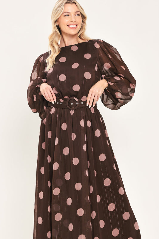 MAUVE MOCHA BROWN/MAUVE STATEMENT MIDI DRESS