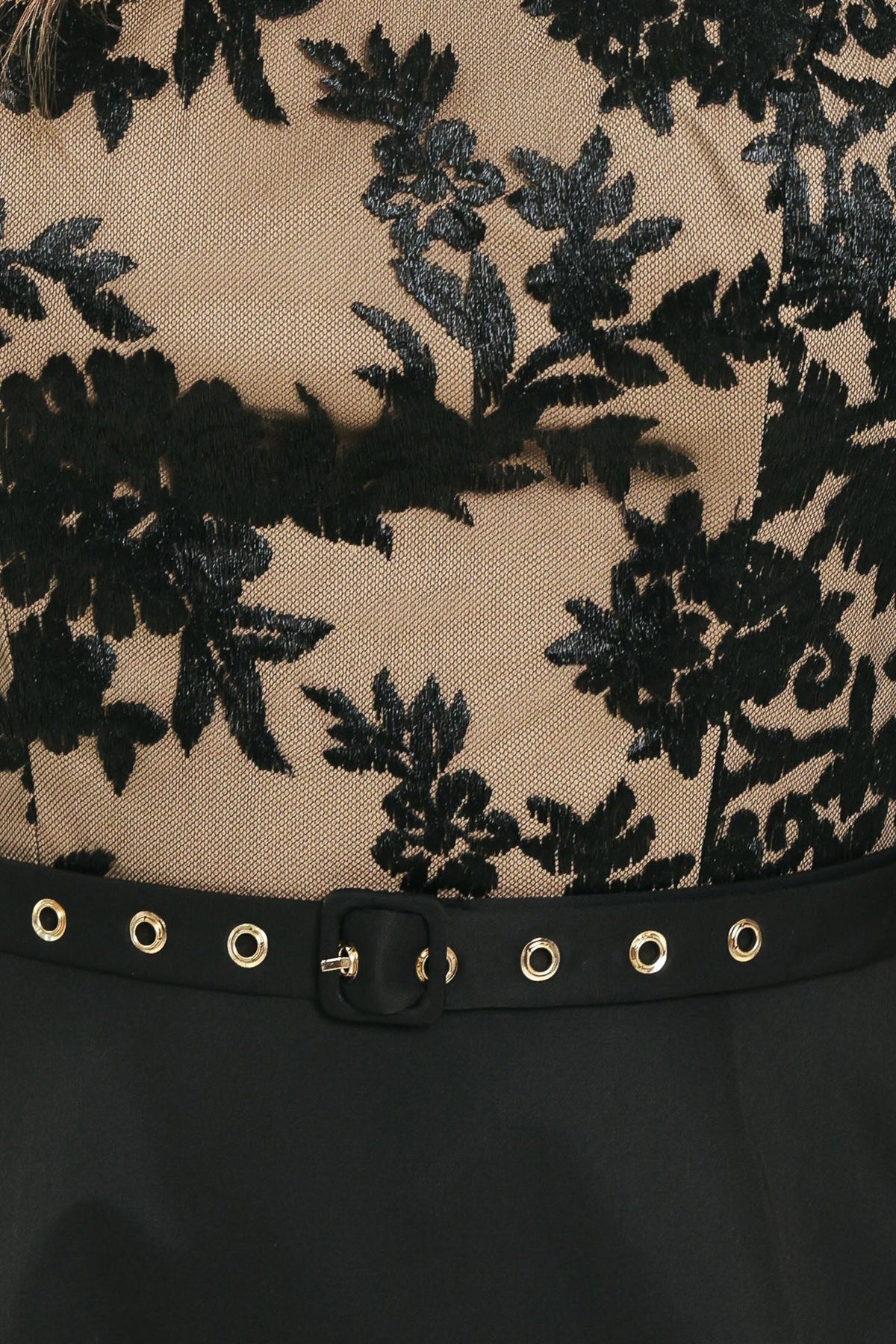 MIDNIGHT LACE BLACK HALTER LACE-BODICE MIDI DRESS