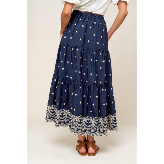 BEBE ALERT NAVY WOVEN MIDI SKIRT