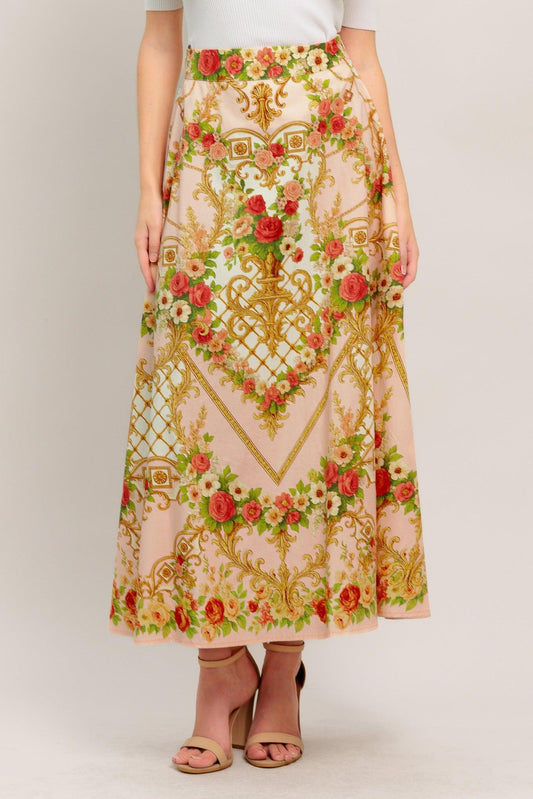 a woman wearing a floral skirt
