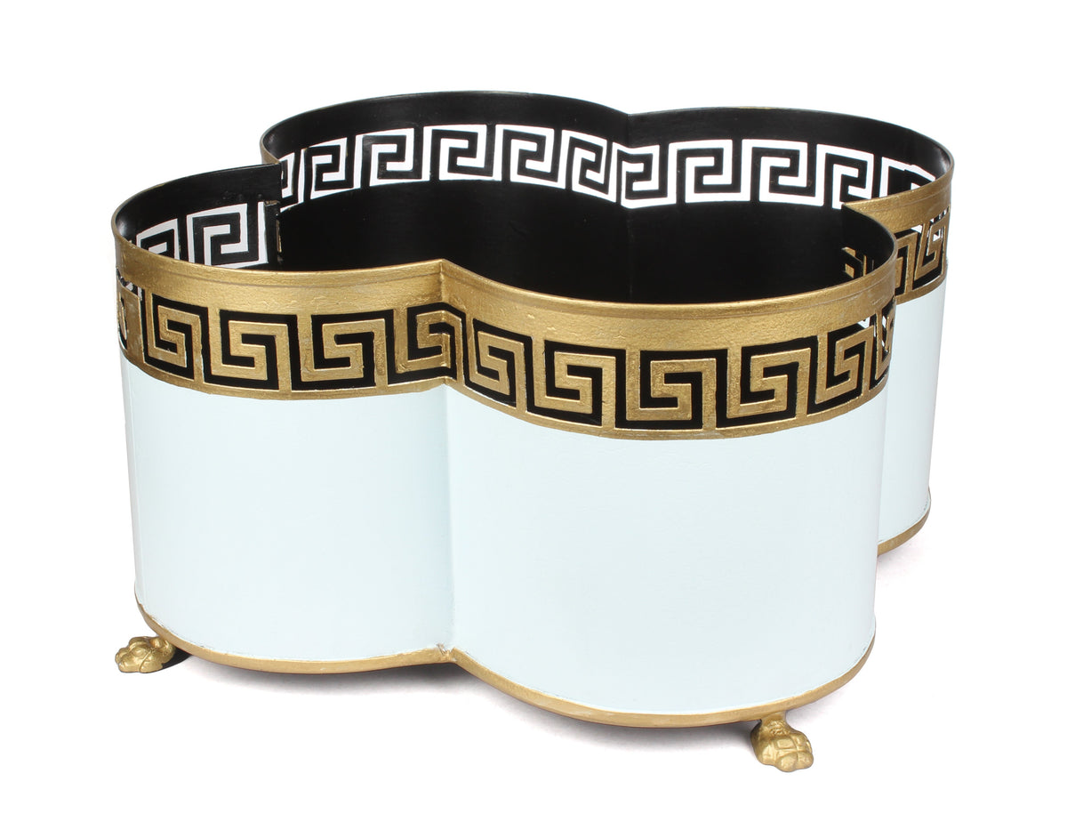 Pale Blue & Gold Greek Key Quatrefoil Planter