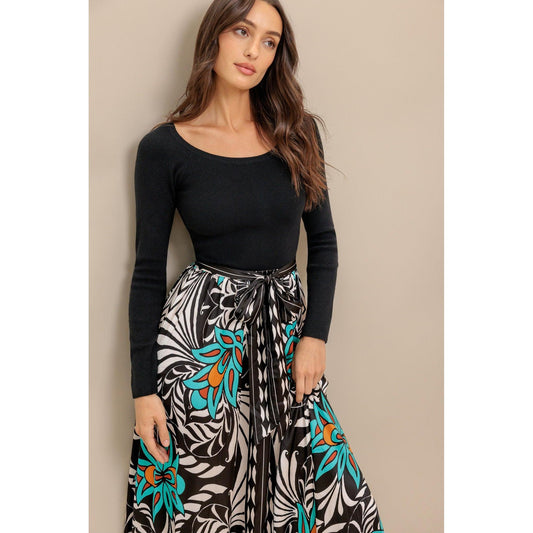 SUNBURST GARDEN BLACK MIDI DRESS