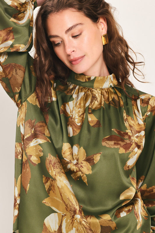 OLIVE ALLURE PRINTED HIGH-NECK BLOUSON-SLEEVE TOP