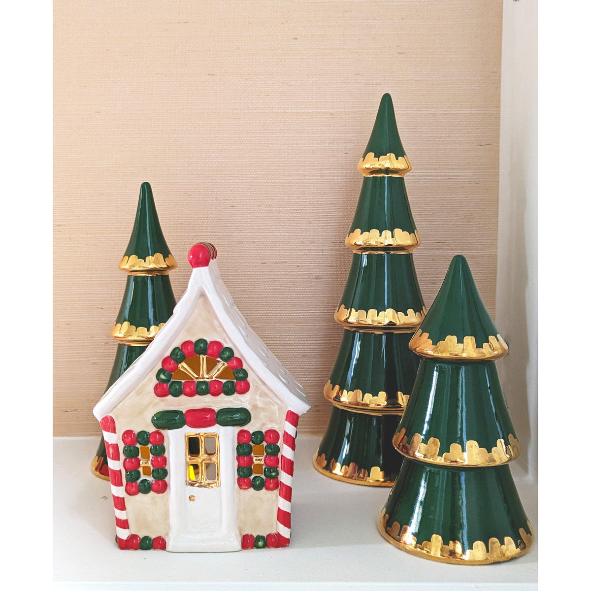 Ivory, Red & Green Gingerbread House with 22K Gold Accents