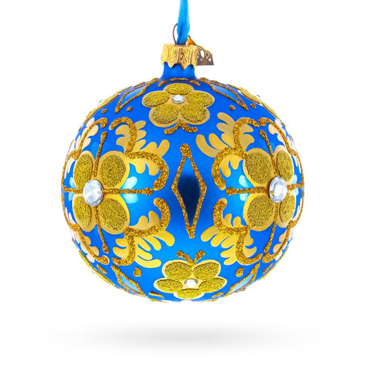 Jeweled Golden Leaves on Blue Glass Ball Christmas Ornament 4 Inches