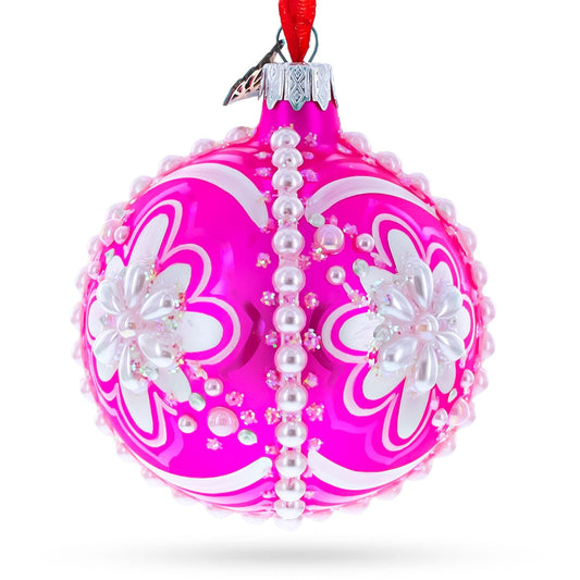 Jeweled Pearl Flowers on Pink Glass Ball Christmas Ornament 3.25 Inches