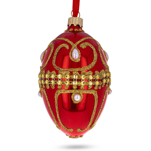 Jeweled White Beads Glossy Red Glass Egg Ornament 4 Inches