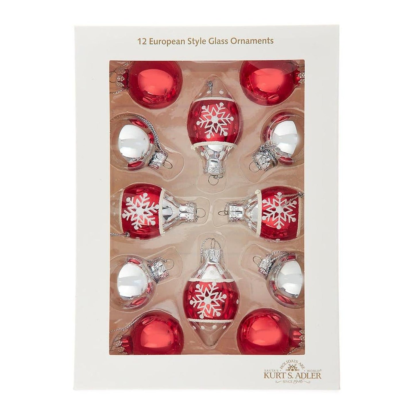 Kurt Adler 35MM Glass Red and Silver With Snowflake Ball 12-Piece Set