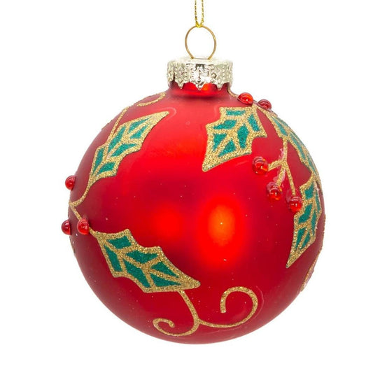 Kurt Adler 80MM Glass Red Berry and Holly Leaves Ornaments (6 Piece)
