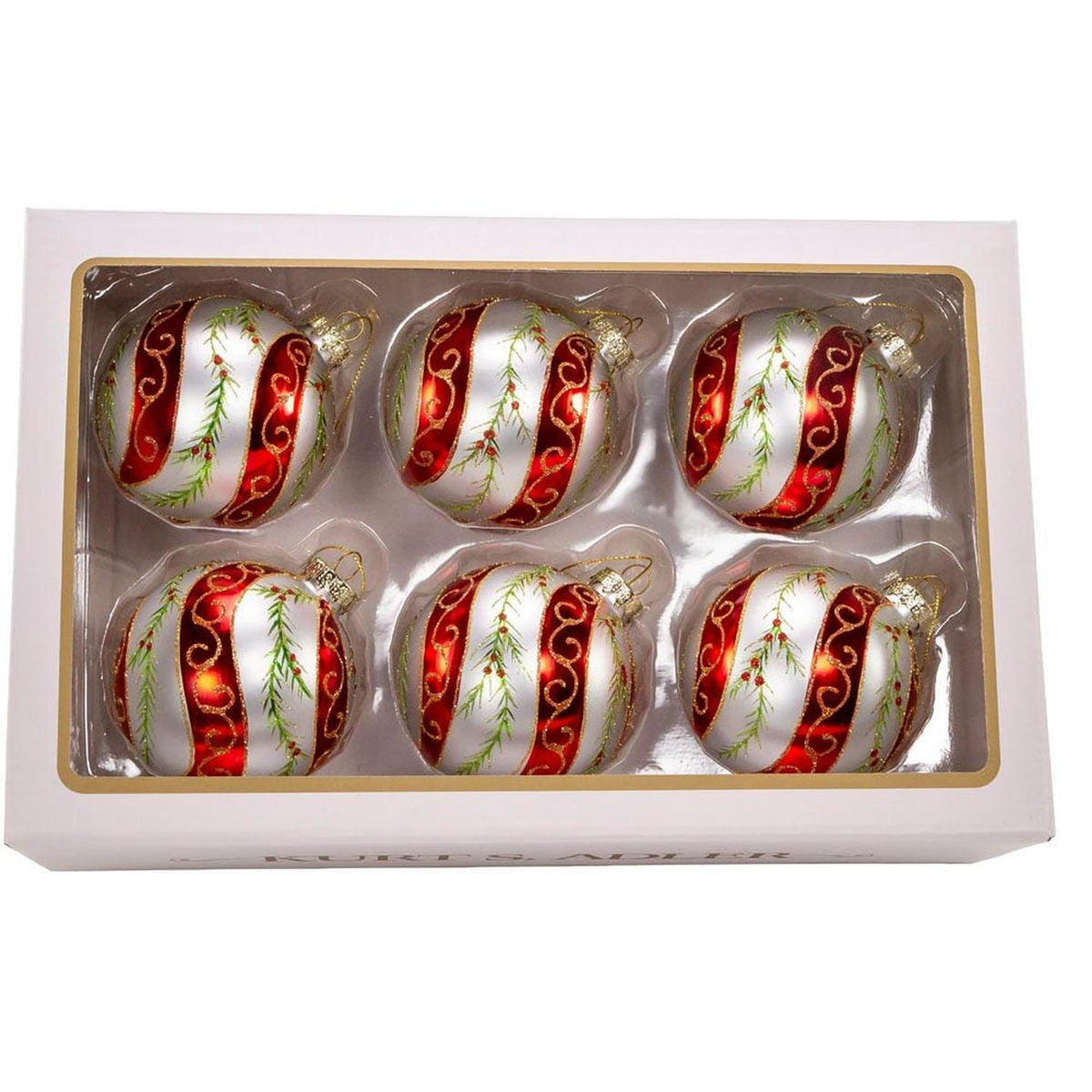Kurt Adler 80MM Glass Red and White Holly Ornaments, 6 pieces