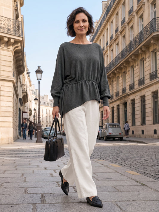 Wool Asymmetric Drawstring Hem Loose Top WREN