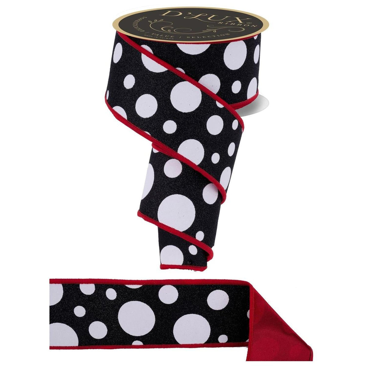 2.5 in Giant Polka Dot Fused Ribbon: Black/Red (10 Yards)