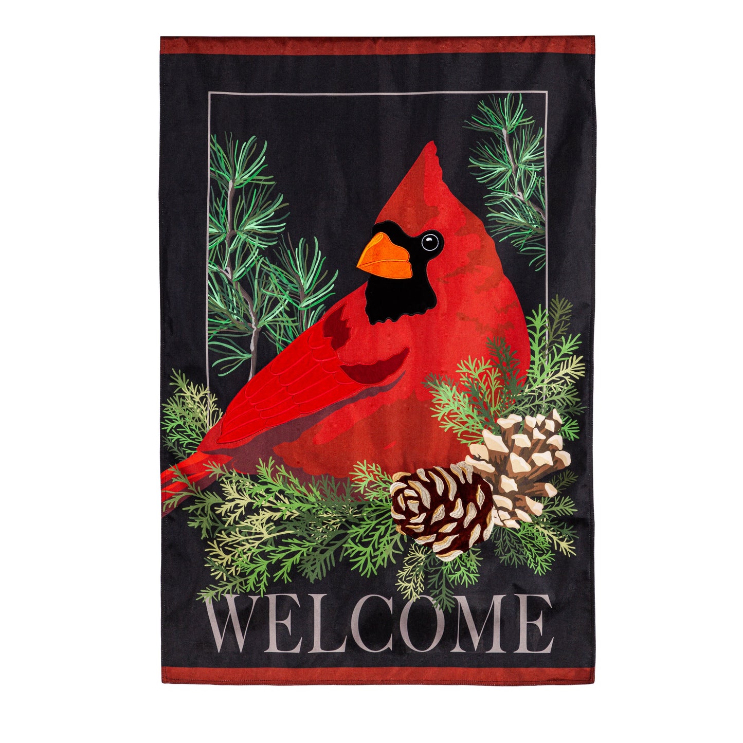 Cardinal and EvergreenEstate Size Embellished Burlap Flag