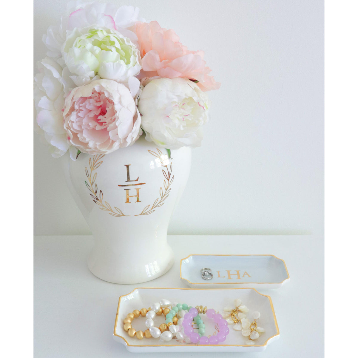Laurel Wreath Monogram Ginger Jars in Hydrangea Light Blue