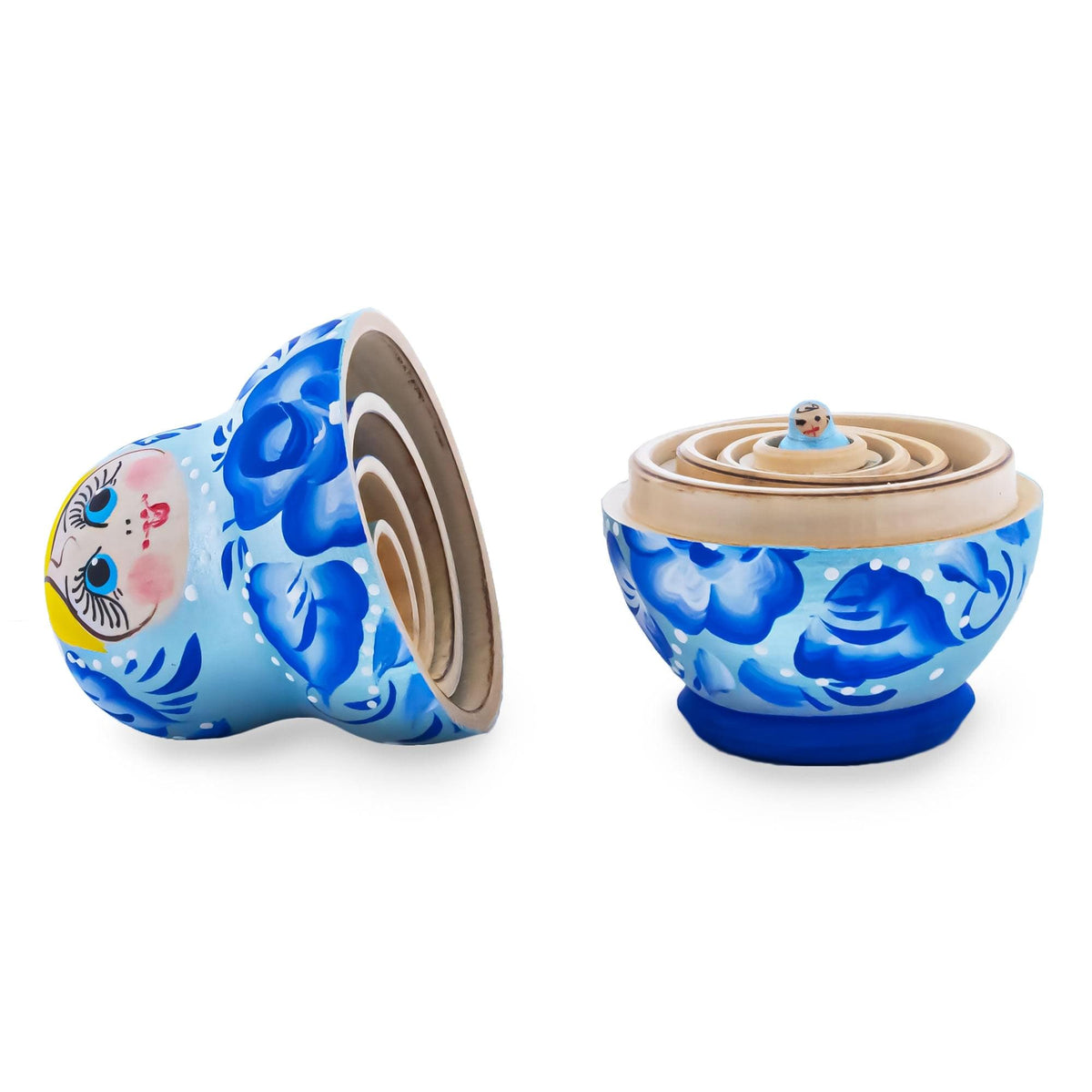 Light Blue Color with Blue Flowers Wooden Nesting Dolls